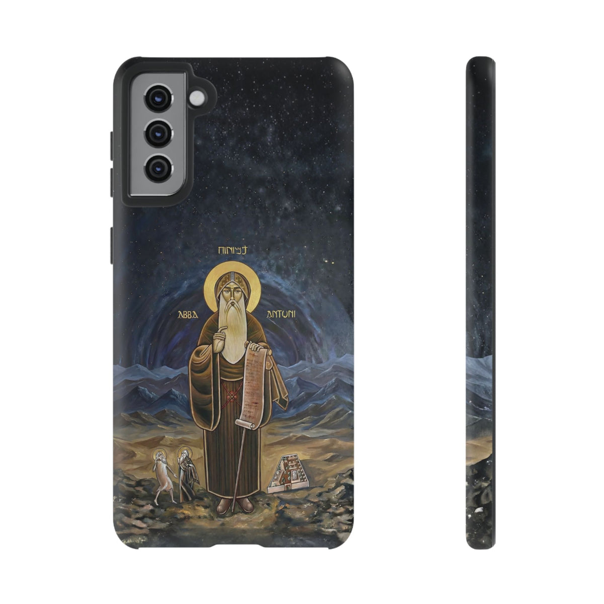 Christelijk telefoonhoesje Sint-Antonius de Grote donkerblauw mat
