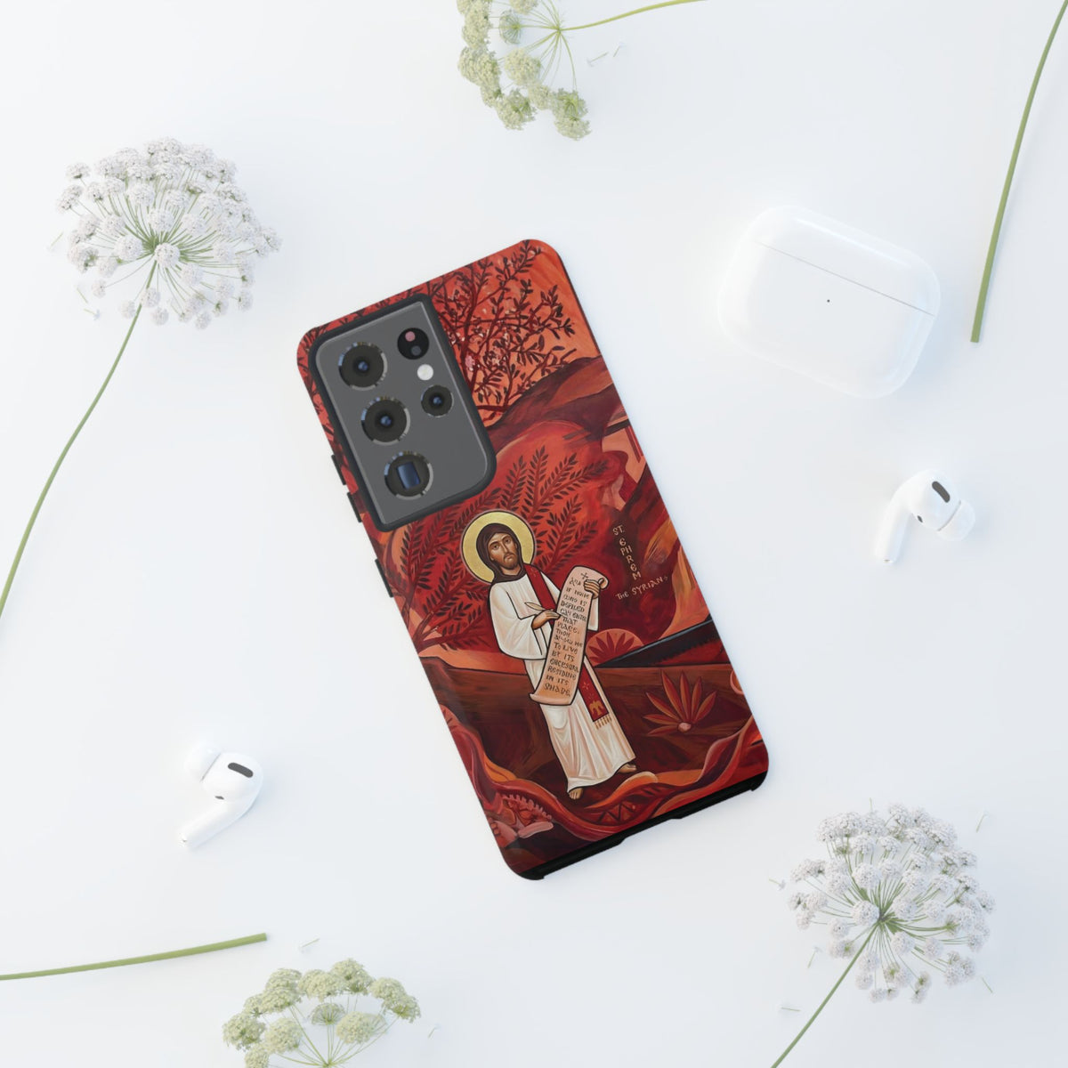 Christelijk telefoonhoesje Sint-Efrem de Syriër rood mat
