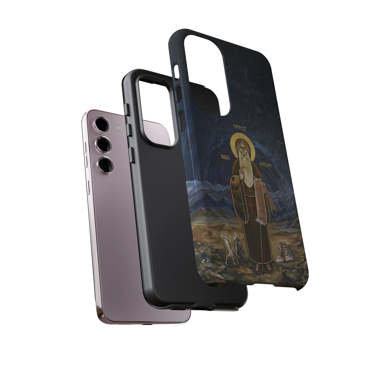 Christelijk telefoonhoesje Sint-Antonius de Grote donkerblauw mat