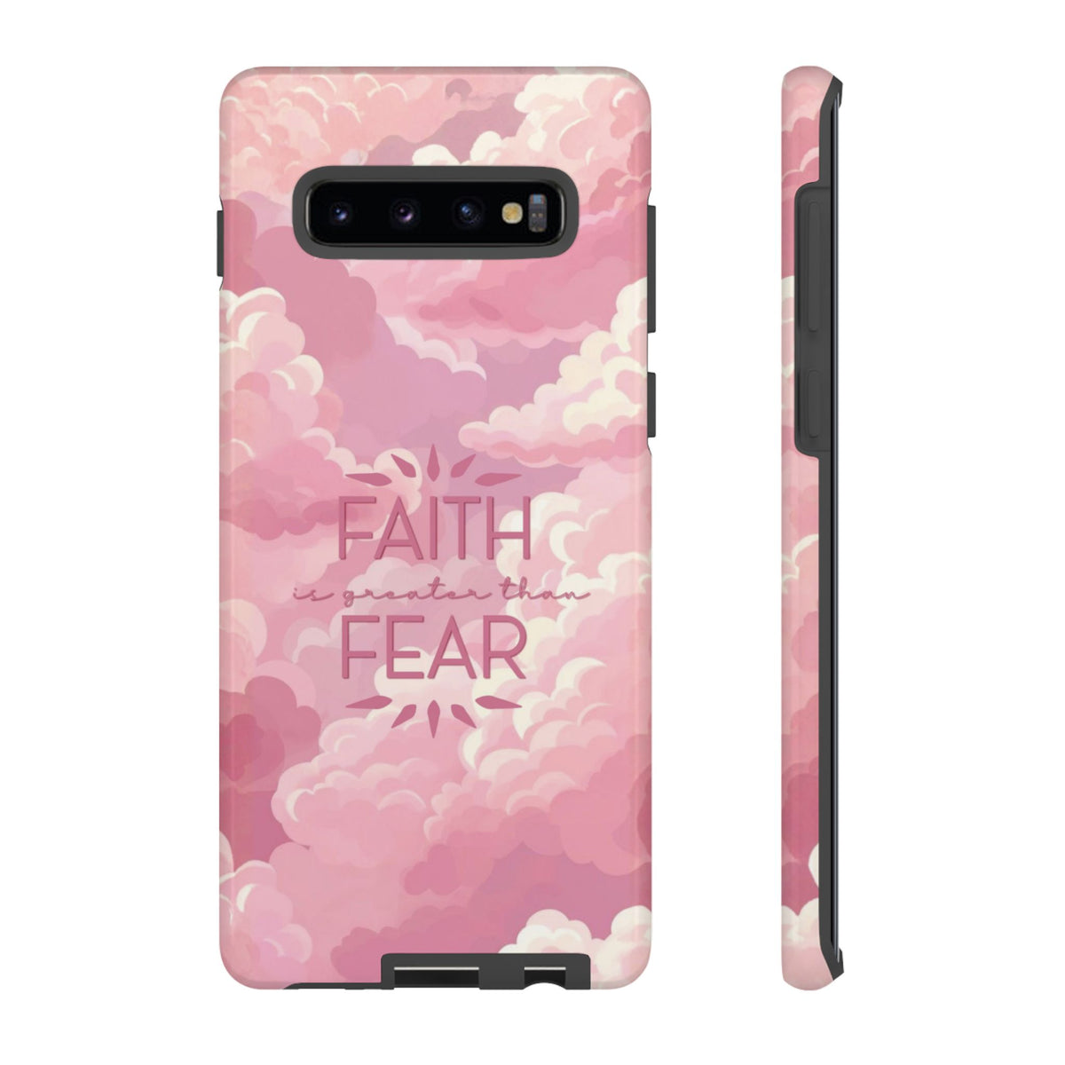 Christelijk telefoonhoesje Geloof is sterker dan angst roze mat
