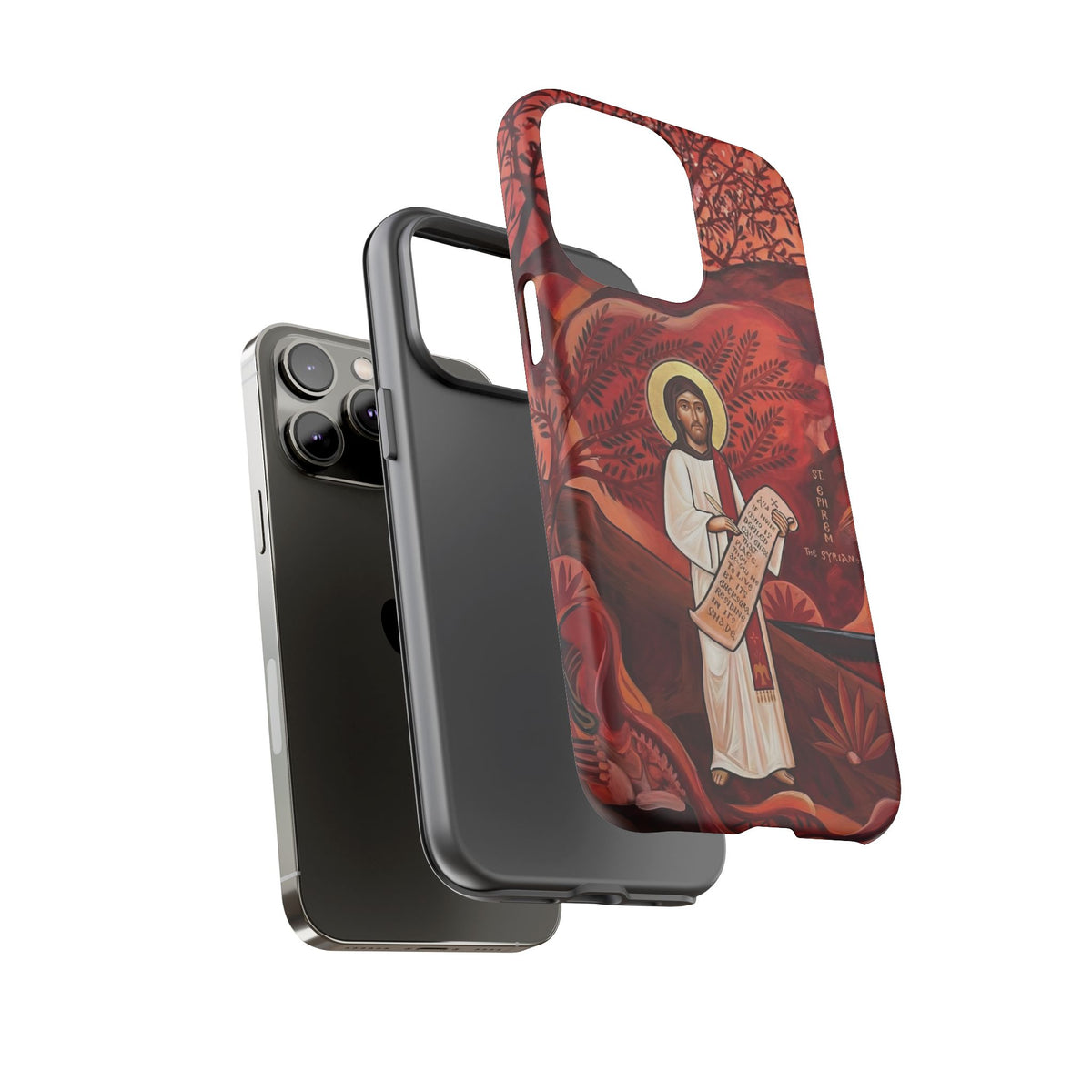 Christelijk telefoonhoesje Sint-Efrem de Syriër rood mat