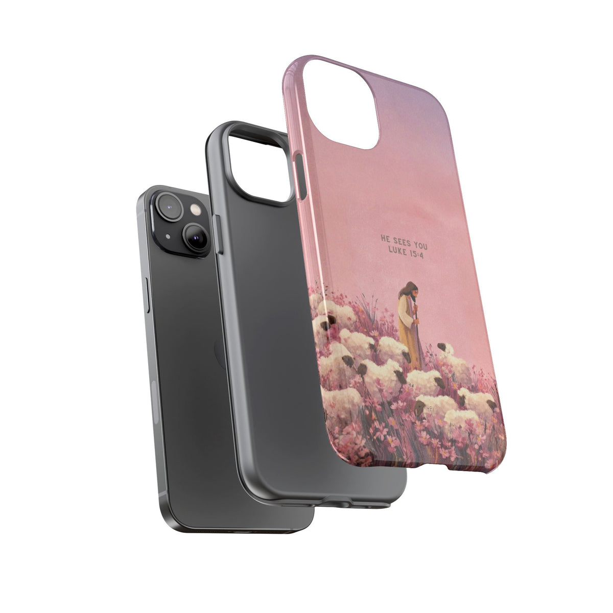 Christelijk telefoonhoesje Hij ziet jou roze mat