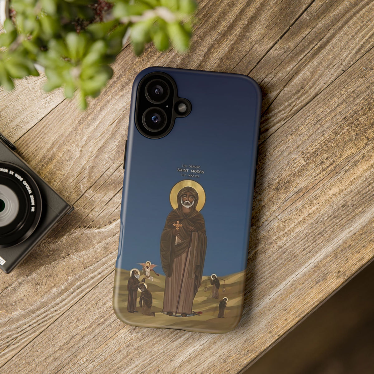 Christelijk telefoonhoesje Sint-Mozes de Sterke blauw mat