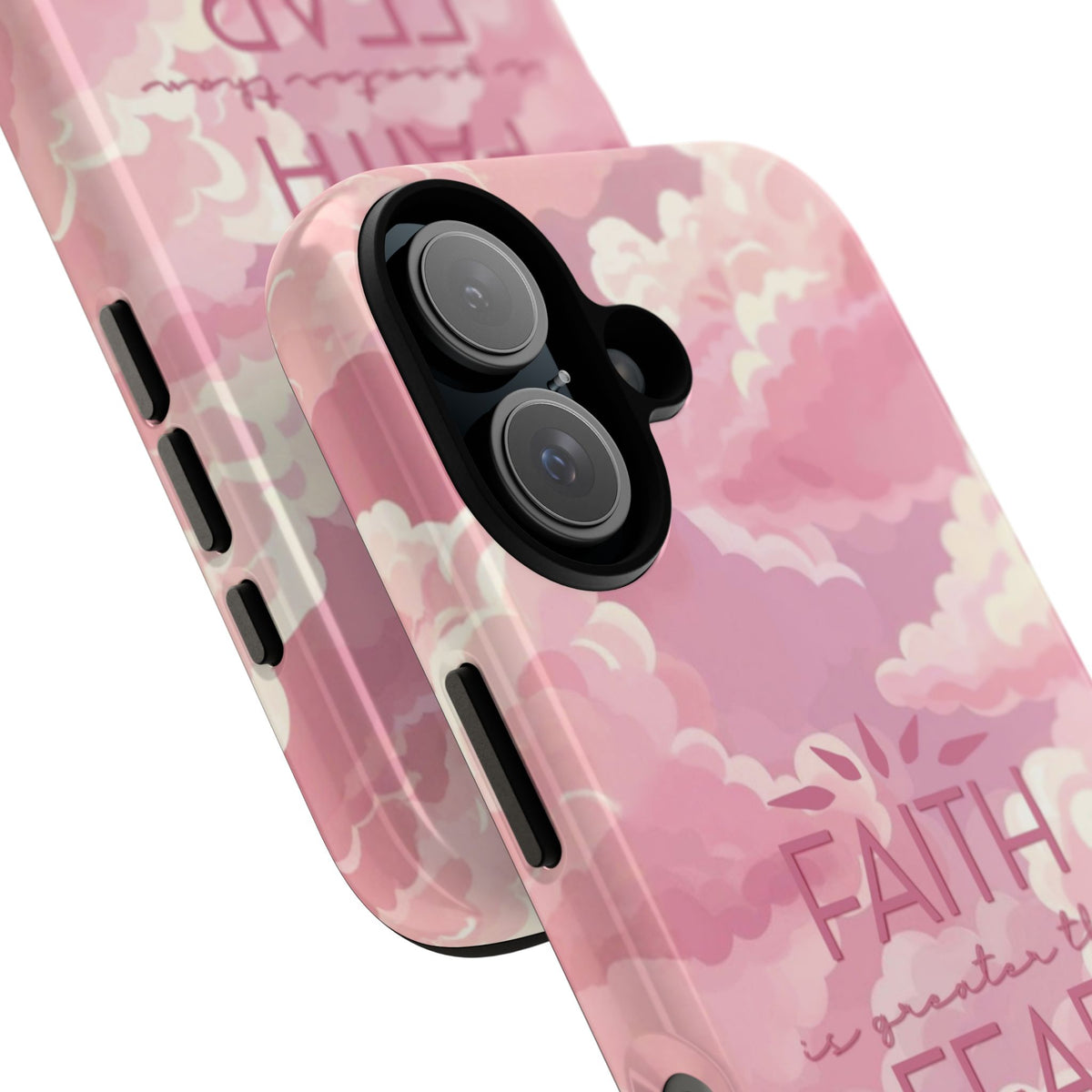 Christelijk telefoonhoesje Geloof is sterker dan angst roze mat