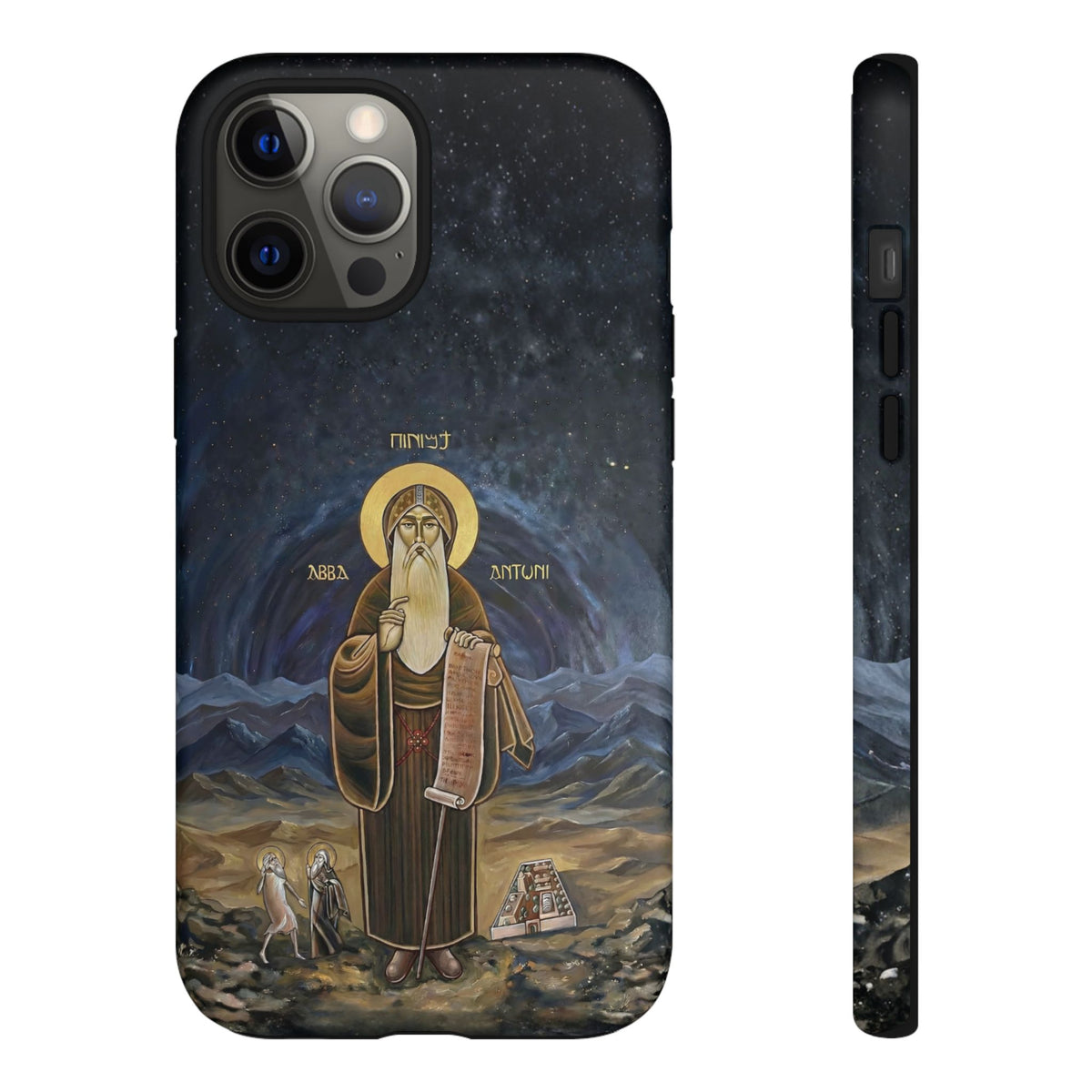 Christelijk telefoonhoesje Sint-Antonius de Grote donkerblauw mat