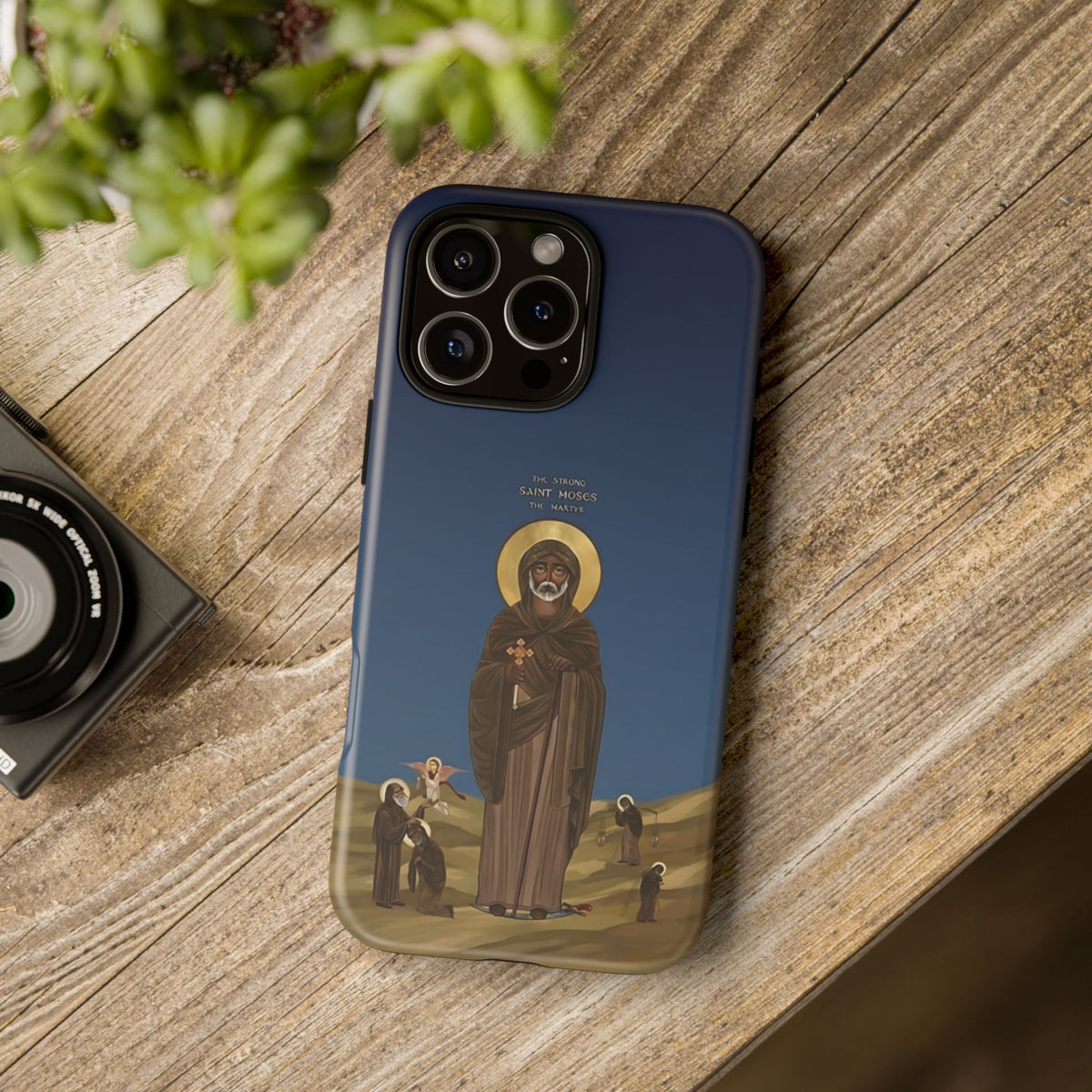 Christelijk telefoonhoesje Sint-Mozes de Sterke blauw mat