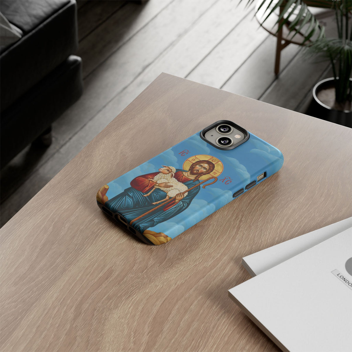 Christelijk telefoonhoesje De Goede Herder blauw mat