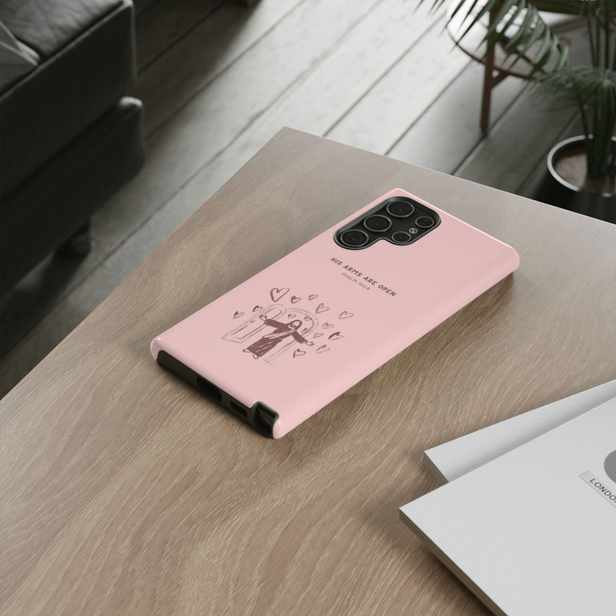 Christelijk telefoonhoesje Zijn armen staan open roze mat