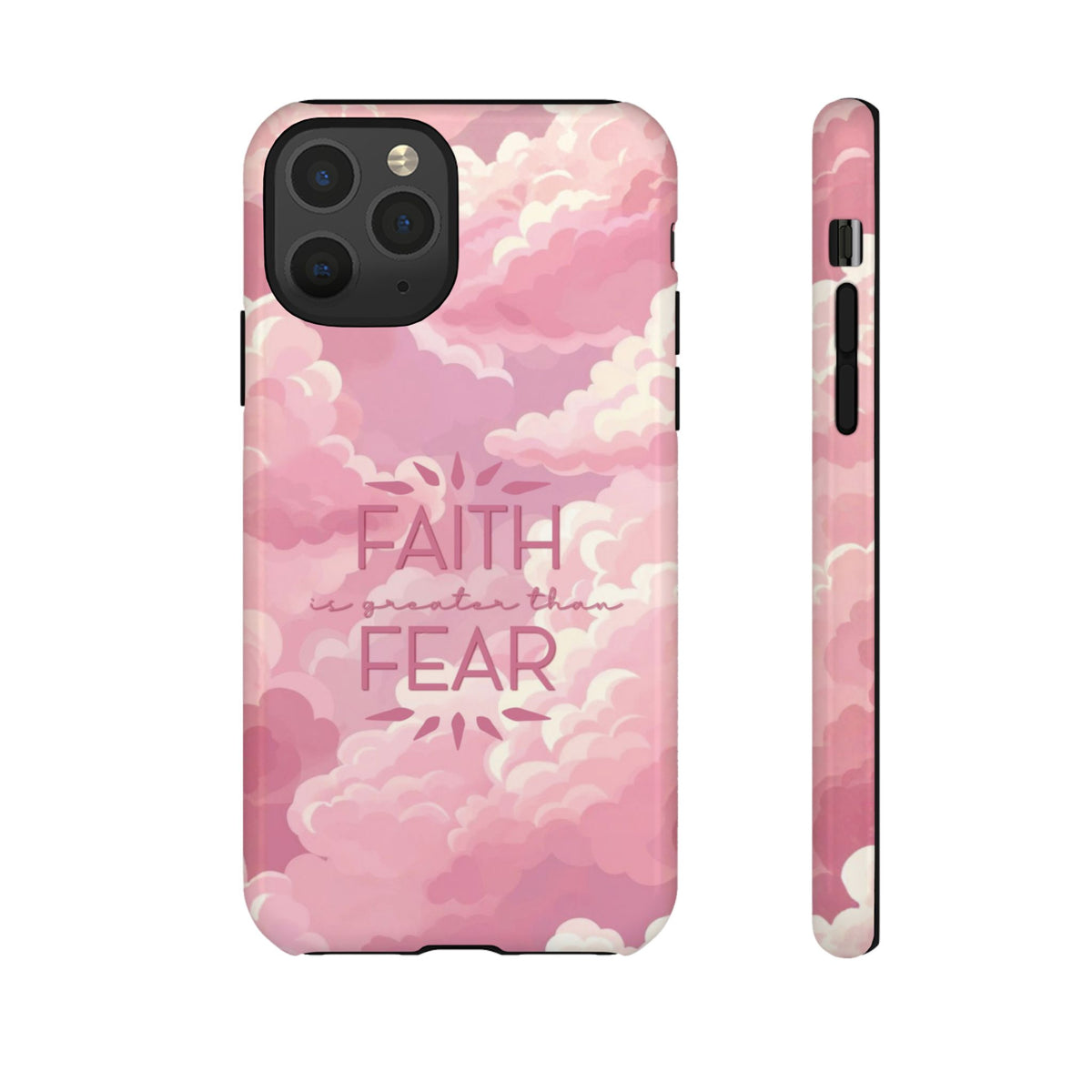 Christelijk telefoonhoesje Geloof is sterker dan angst roze mat