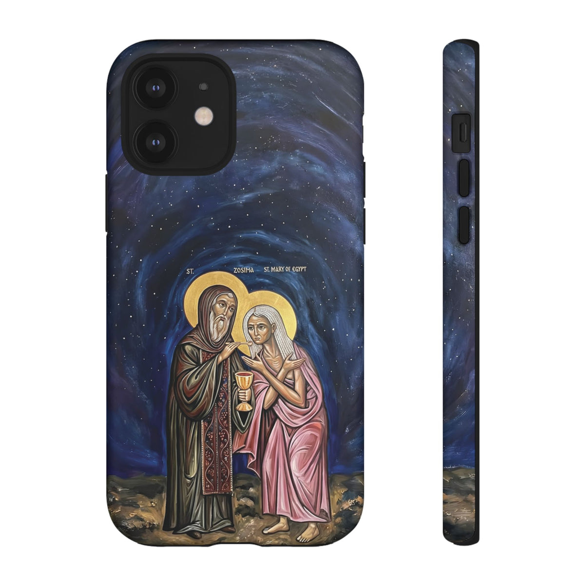 Christelijk telefoonhoesje Maria van Egypte en Sint-Zosimas donkerblauw mat