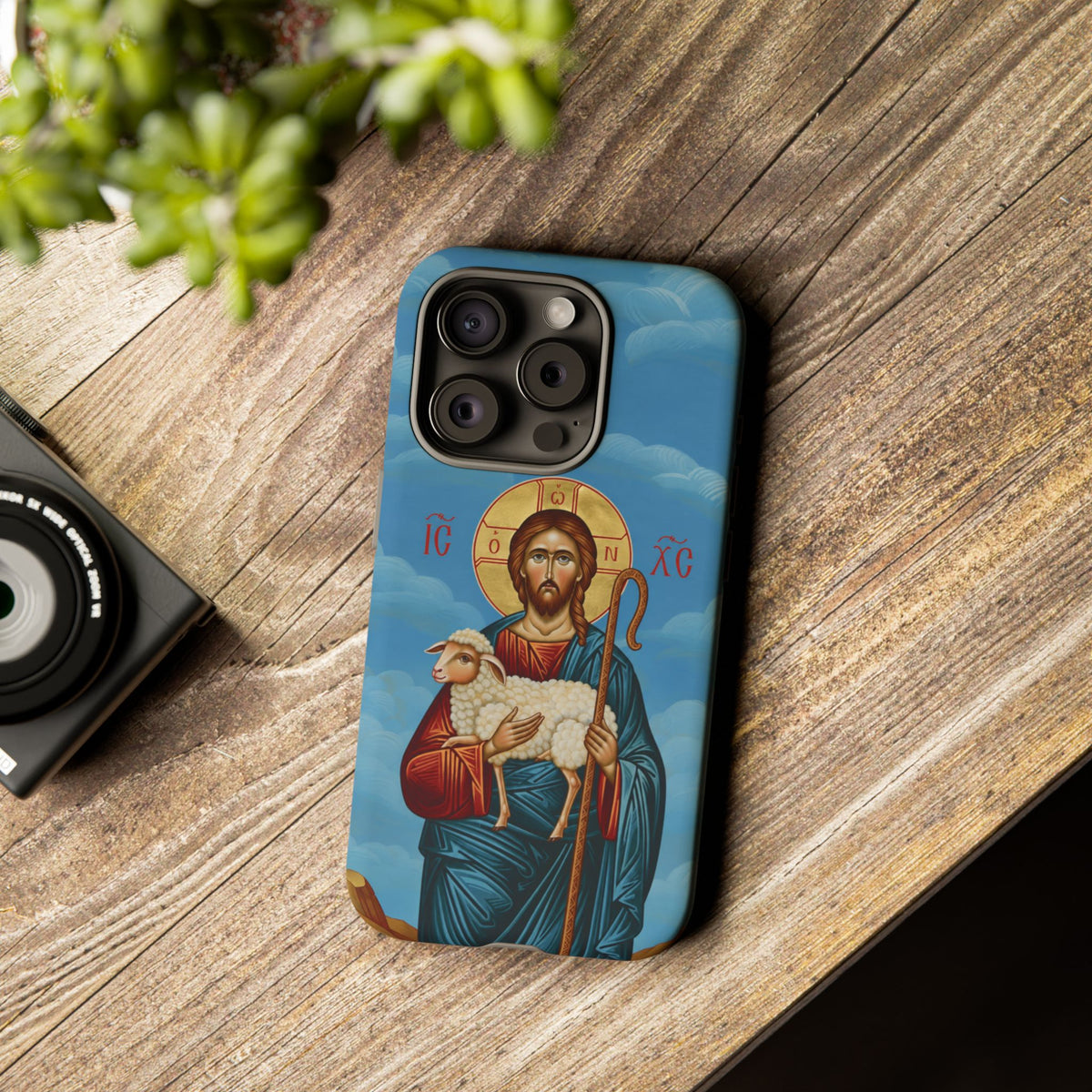 Christelijk telefoonhoesje De Goede Herder blauw mat
