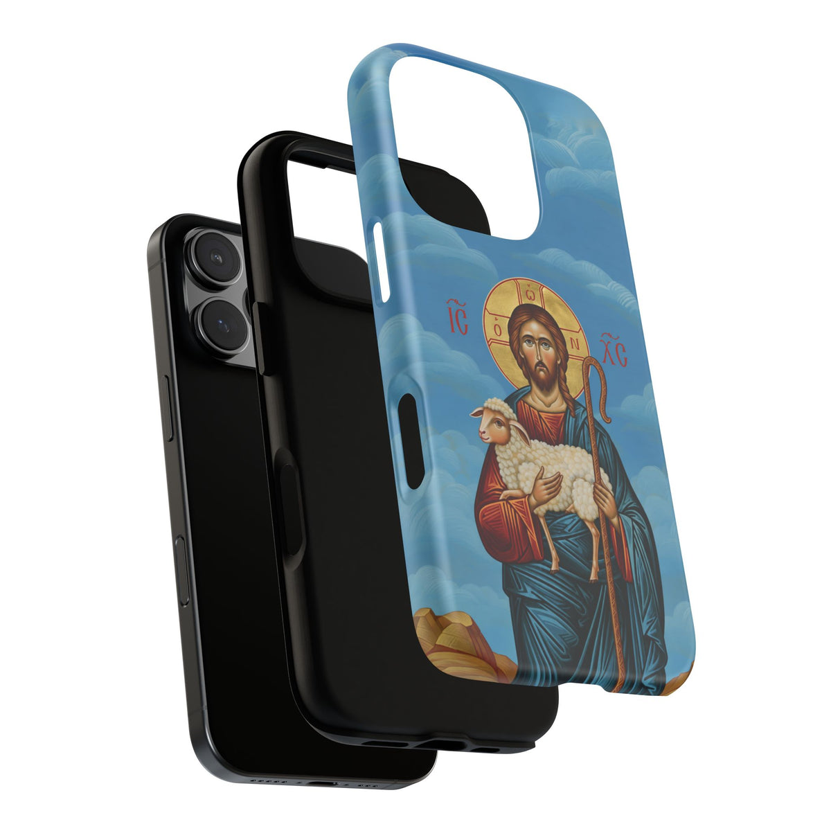 Christelijk telefoonhoesje De Goede Herder blauw mat