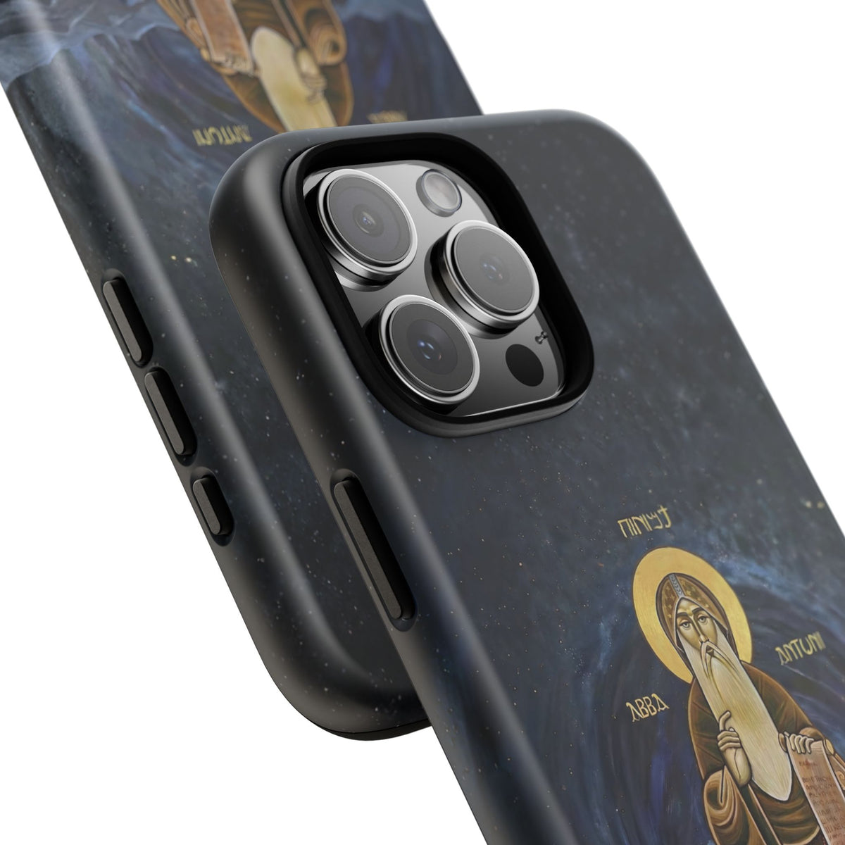 Christelijk telefoonhoesje Sint-Antonius de Grote donkerblauw mat