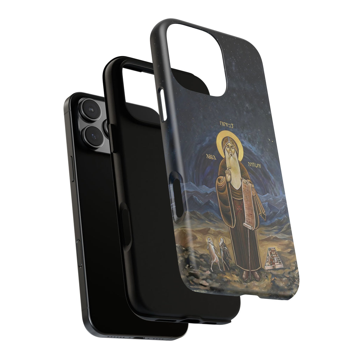 Christelijk telefoonhoesje Sint-Antonius de Grote donkerblauw mat
