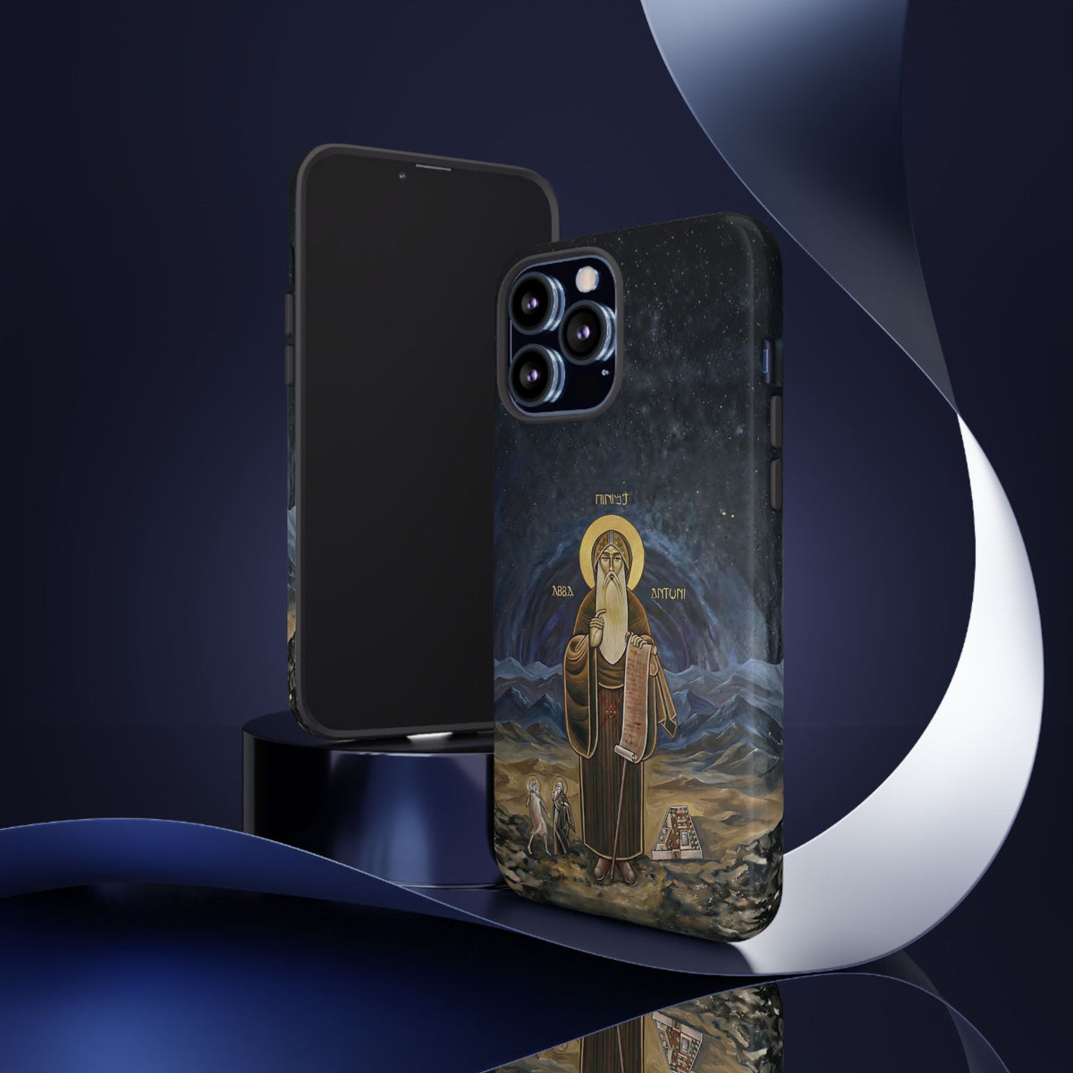 Christelijk telefoonhoesje Sint-Antonius de Grote donkerblauw mat
