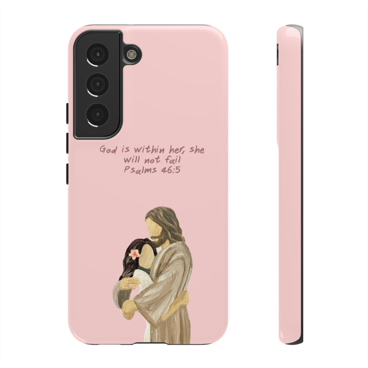 Christelijk telefoonhoesje God is in haar roze mat