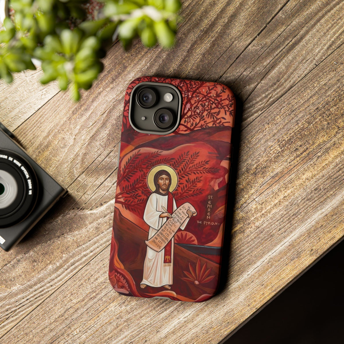 Christelijk telefoonhoesje Sint-Efrem de Syriër rood mat
