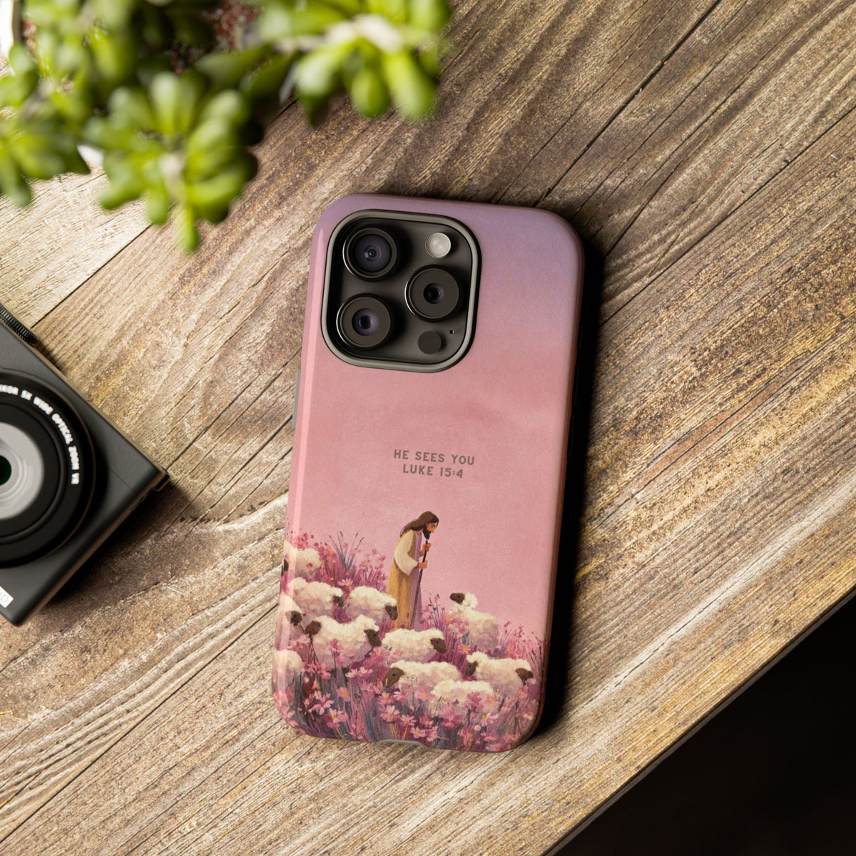 Christelijk telefoonhoesje Hij ziet jou roze mat