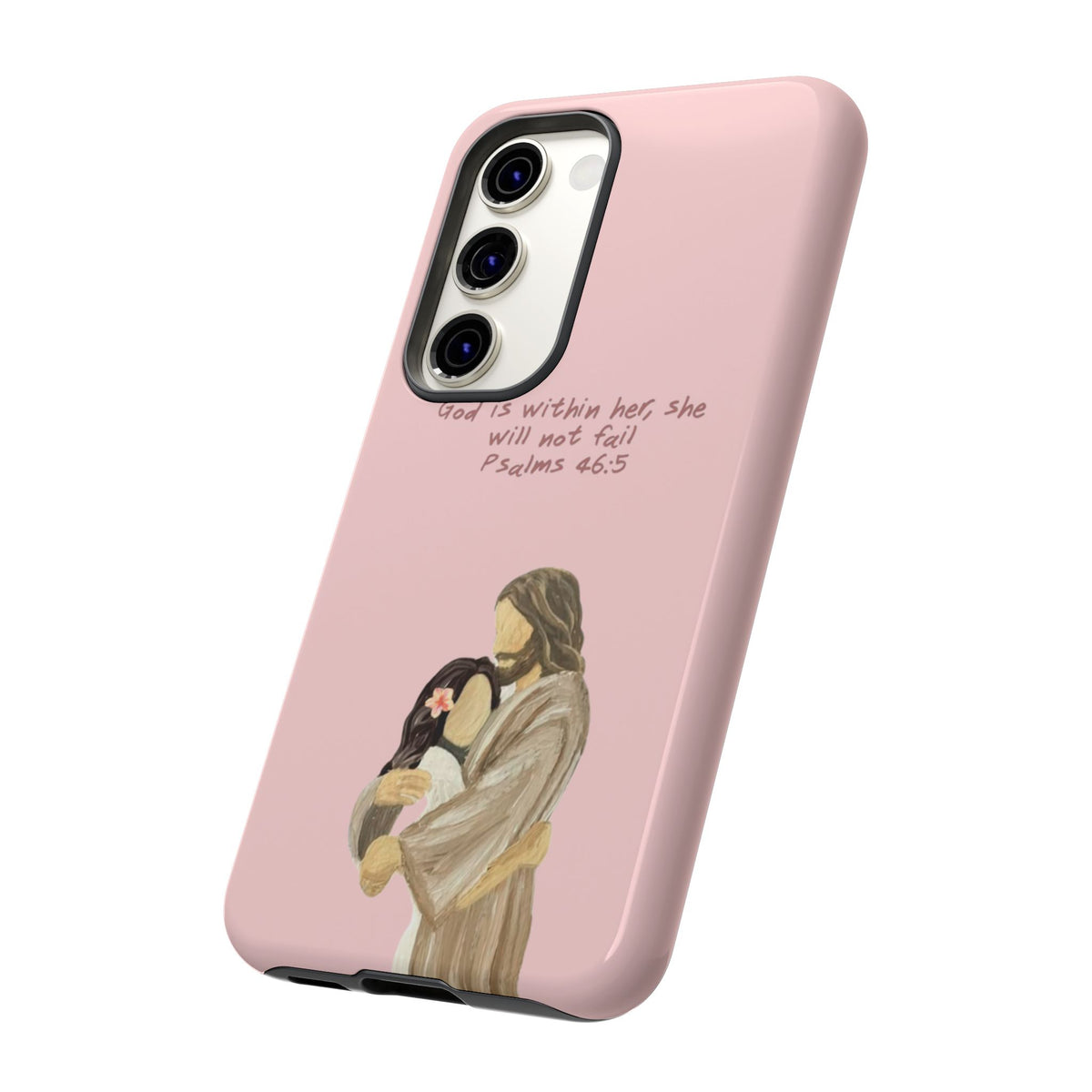 Christelijk telefoonhoesje God is in haar roze mat