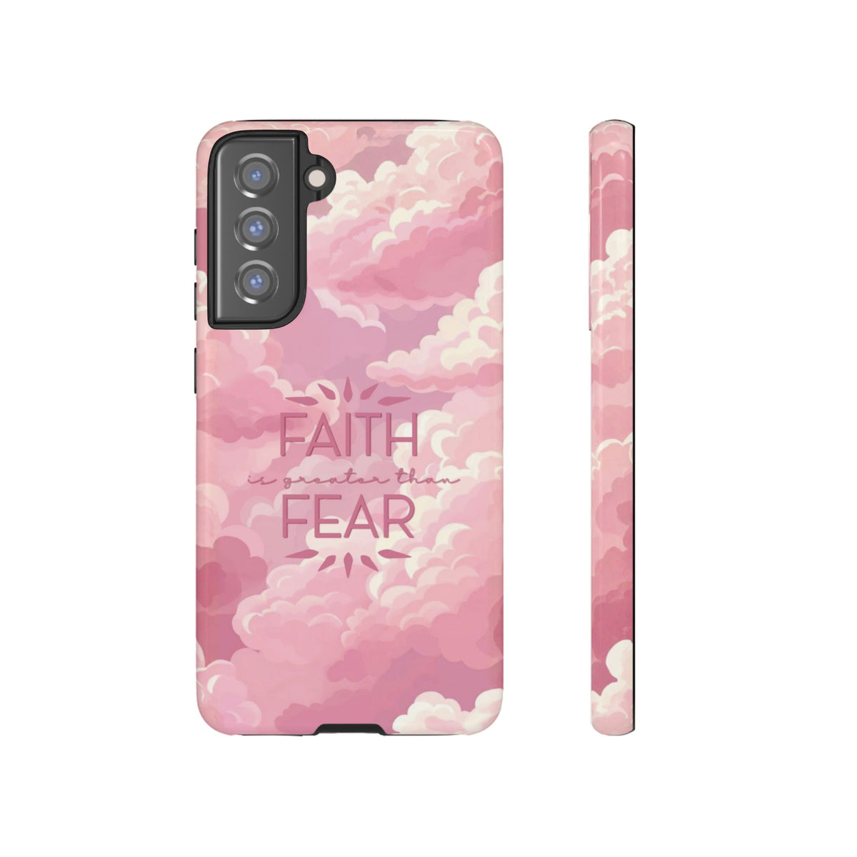 Christelijk telefoonhoesje Geloof is sterker dan angst roze mat