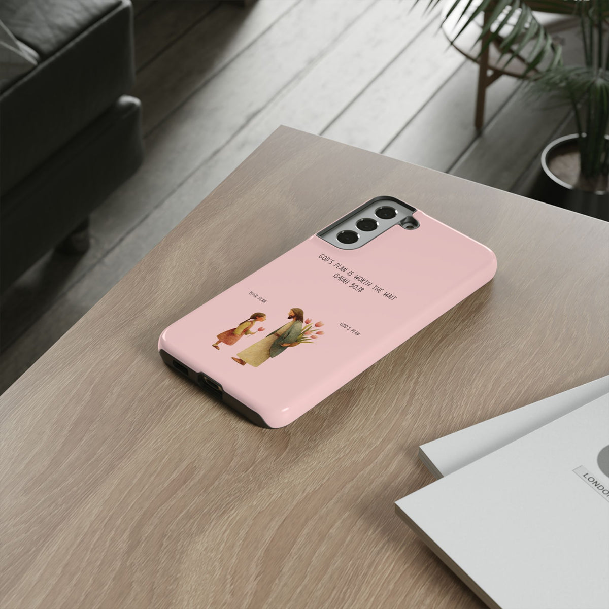 Christelijk telefoonhoesje Gods plan is beter roze mat