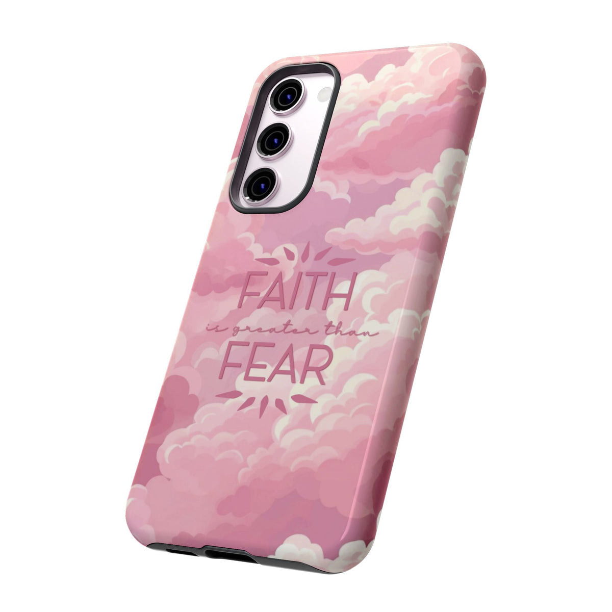 Christelijk telefoonhoesje Geloof is sterker dan angst roze mat