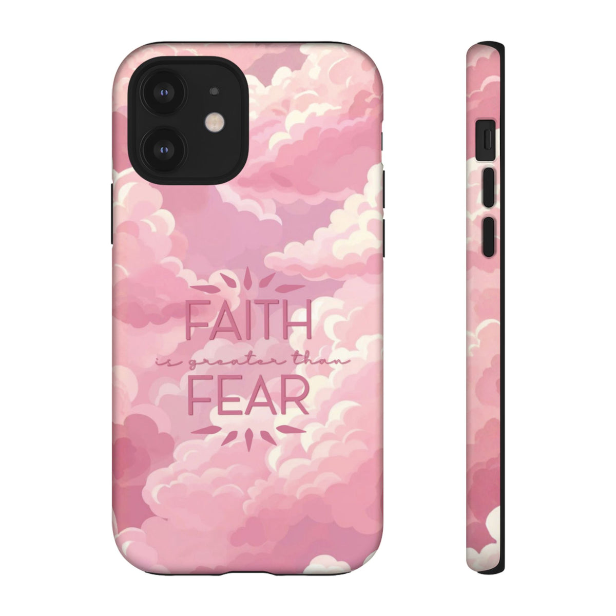 Christelijk telefoonhoesje Geloof is sterker dan angst roze mat