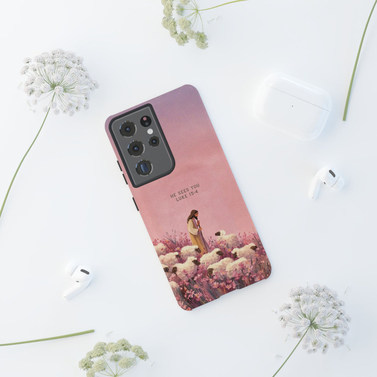 Christelijk telefoonhoesje Hij ziet jou roze mat
