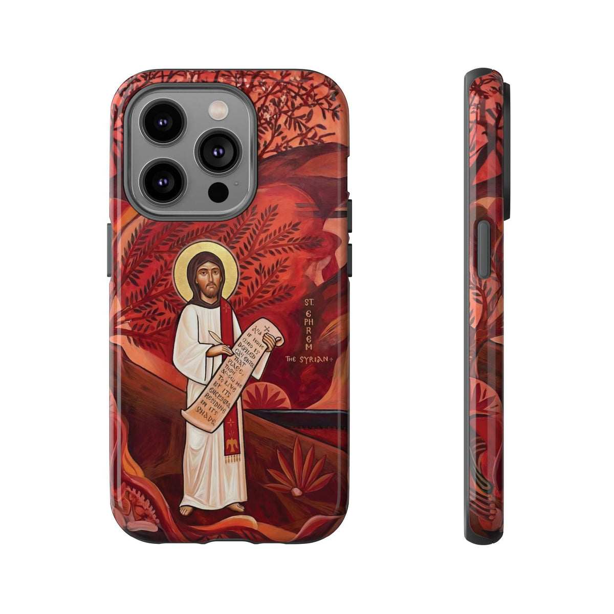 Christelijk telefoonhoesje Sint-Efrem de Syriër rood mat