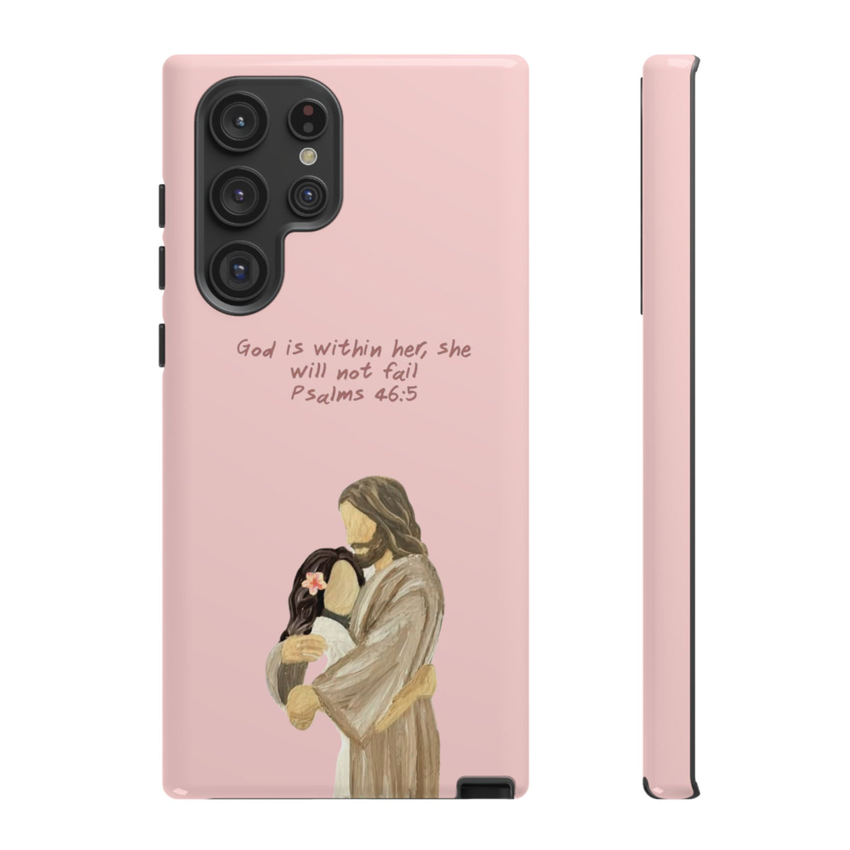 Christelijk telefoonhoesje God is in haar roze mat
