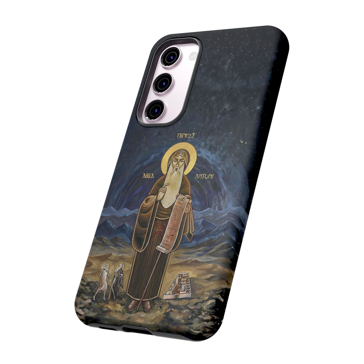 Christelijk telefoonhoesje Sint-Antonius de Grote donkerblauw mat