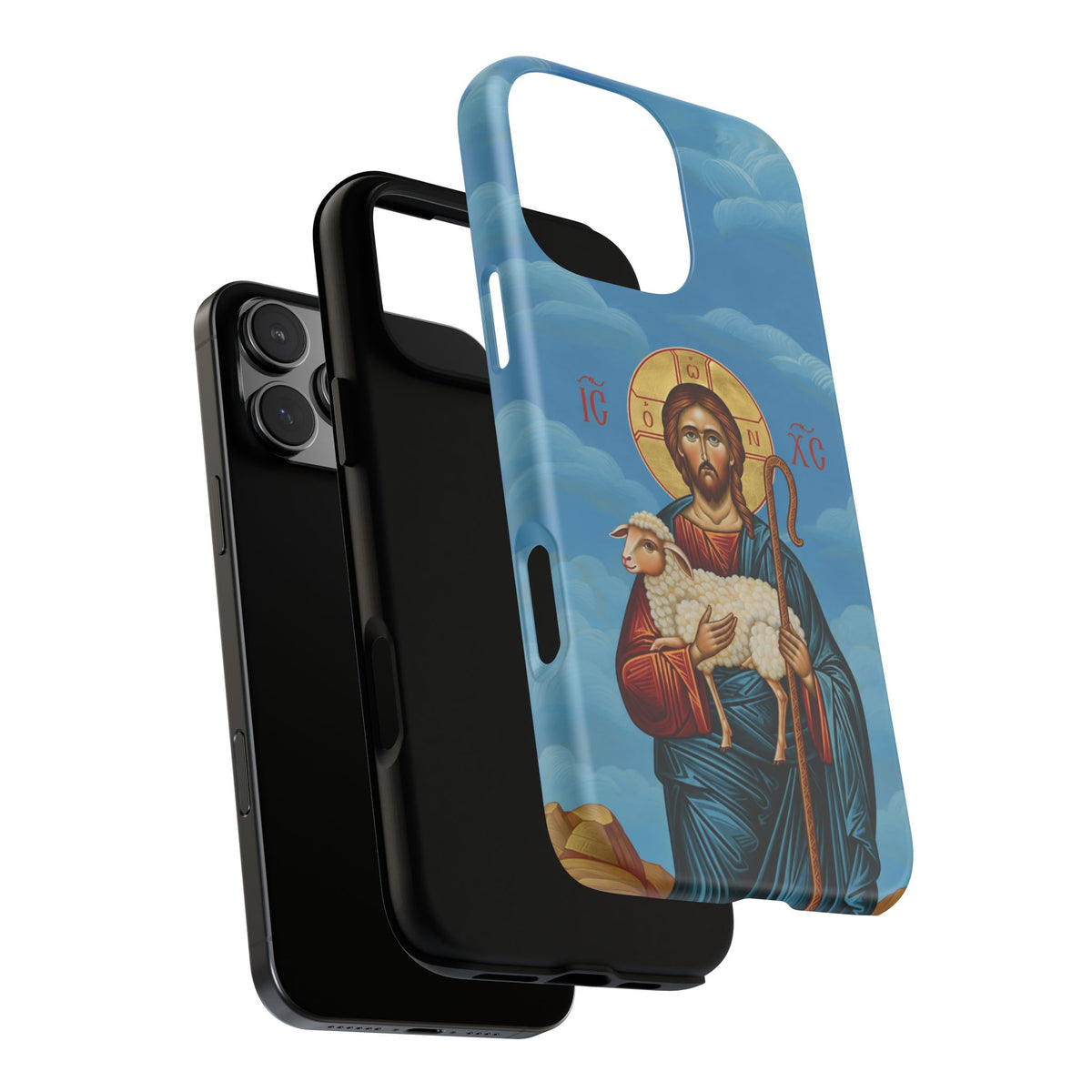 Christelijk telefoonhoesje De Goede Herder blauw mat
