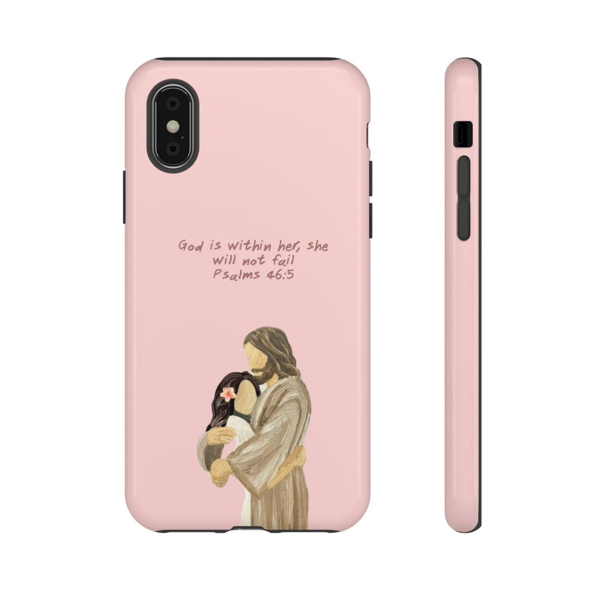 Christelijk telefoonhoesje God is in haar roze mat