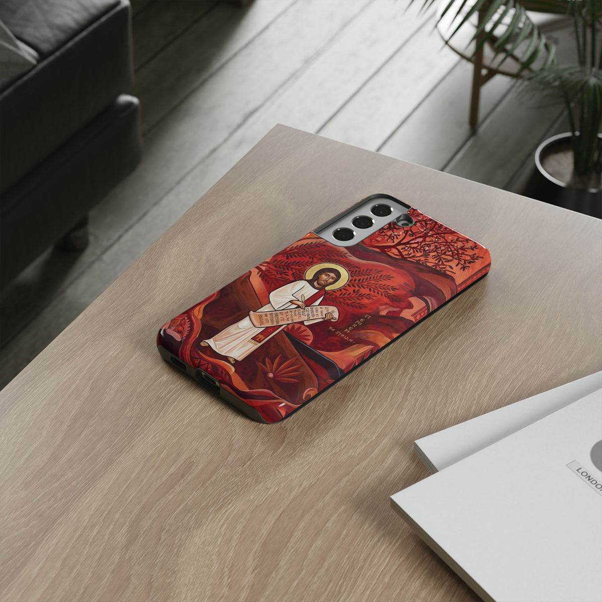 Christelijk telefoonhoesje Sint-Efrem de Syriër rood mat