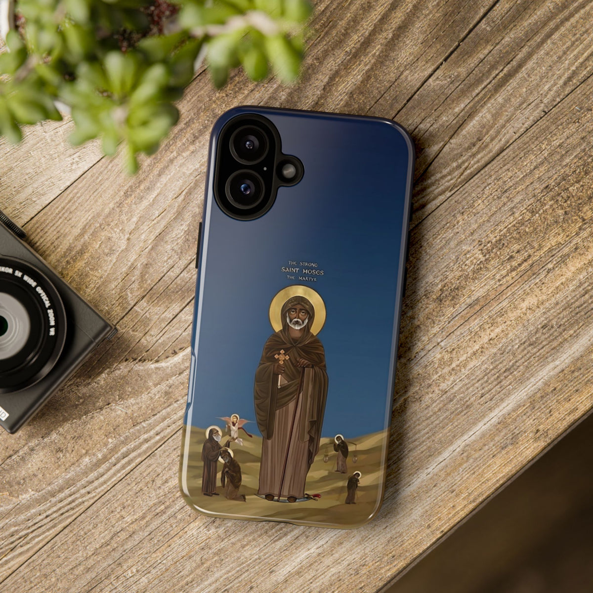 Christelijk telefoonhoesje Sint-Mozes de Sterke blauw mat