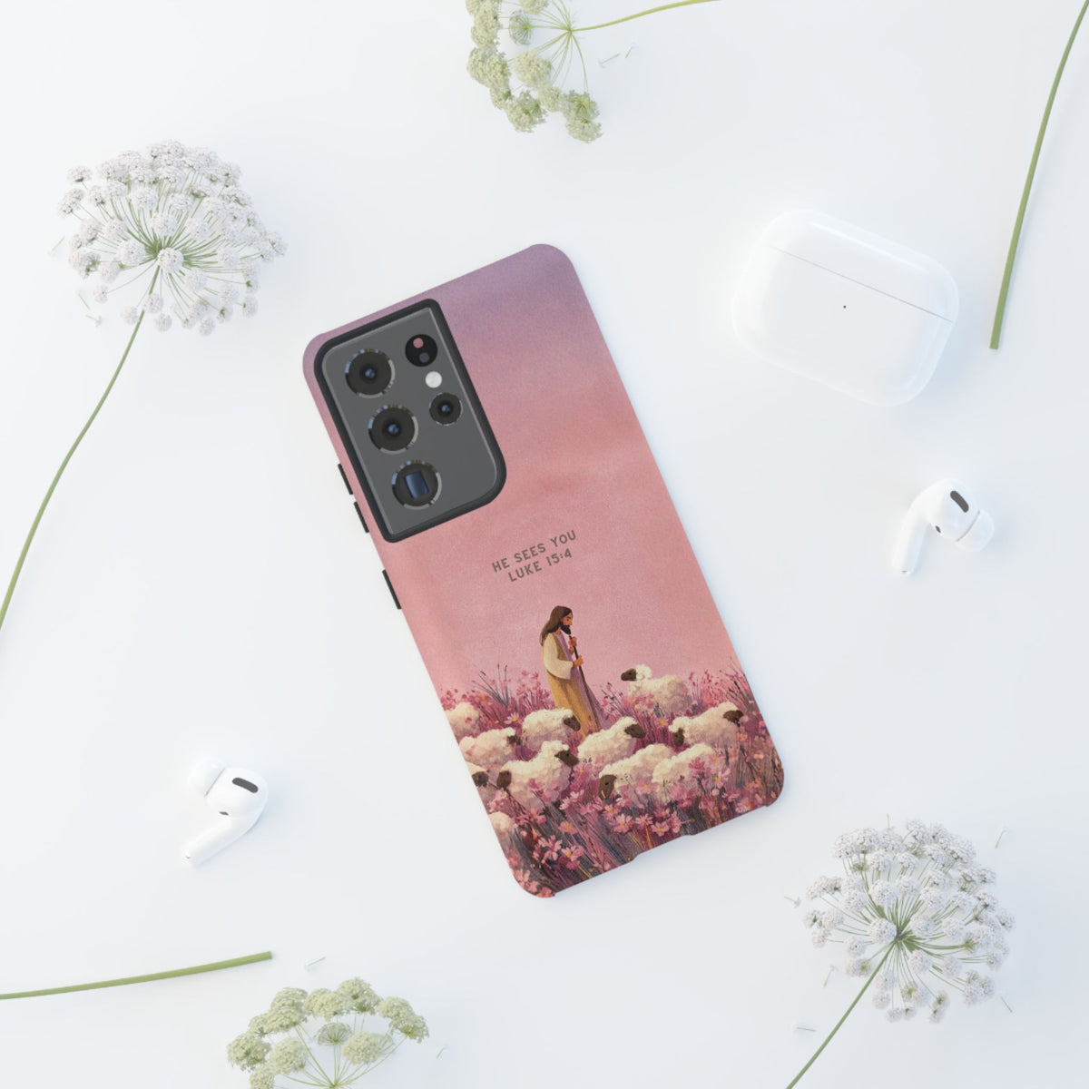 Christelijk telefoonhoesje Hij ziet jou roze mat
