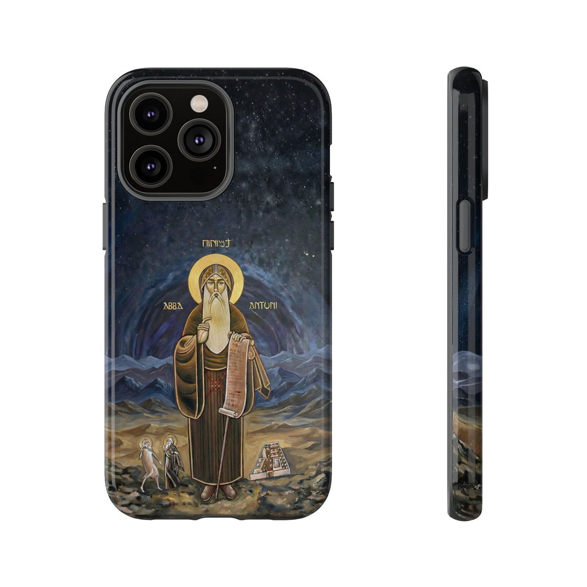 Christelijk telefoonhoesje Sint-Antonius de Grote donkerblauw mat
