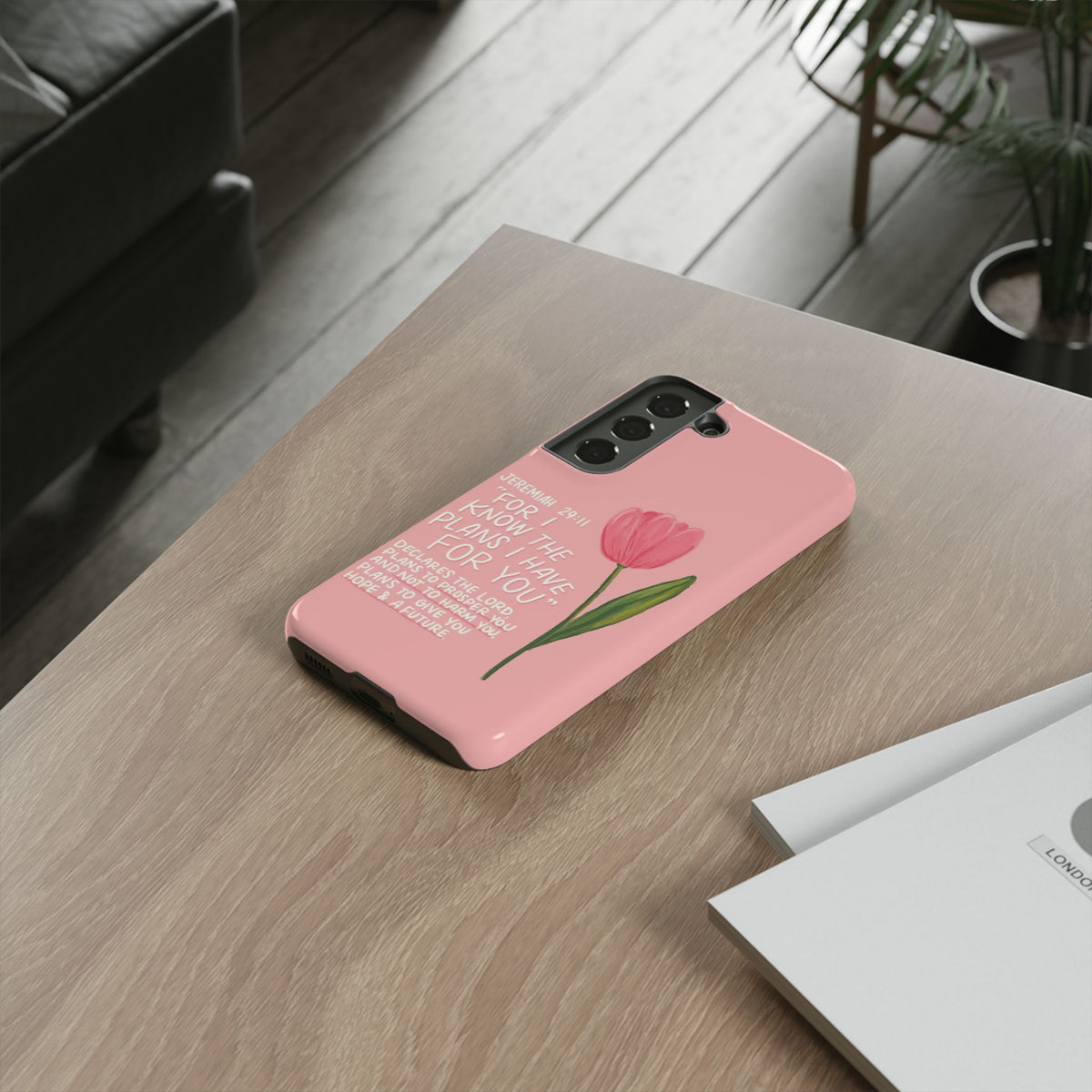 Christelijk telefoonhoesje Ik ken de plannen roze mat