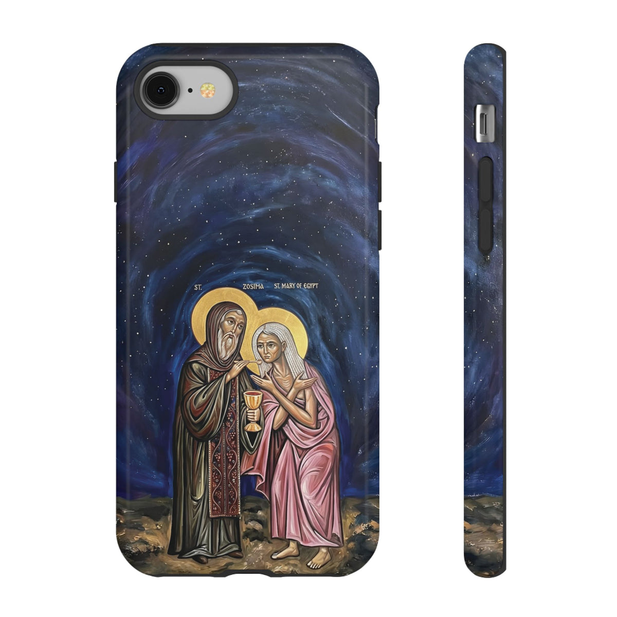 Christelijk telefoonhoesje Maria van Egypte en Sint-Zosimas donkerblauw mat