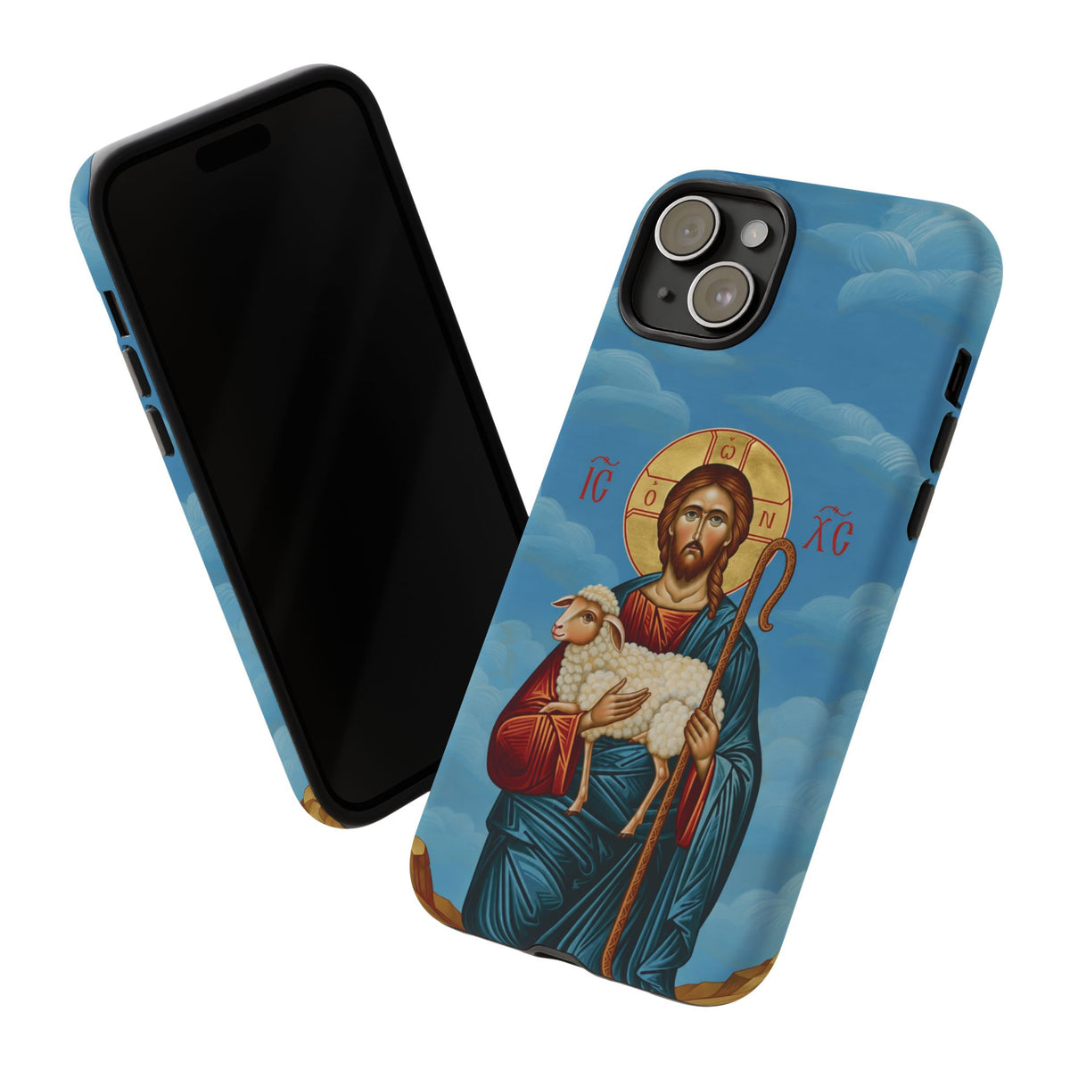 Christelijk telefoonhoesje De Goede Herder blauw mat