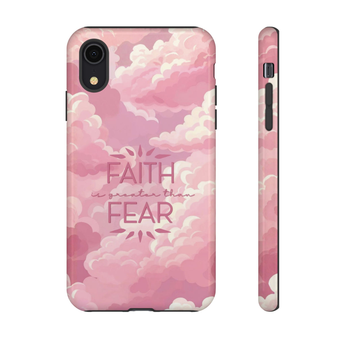 Christelijk telefoonhoesje Geloof is sterker dan angst roze mat