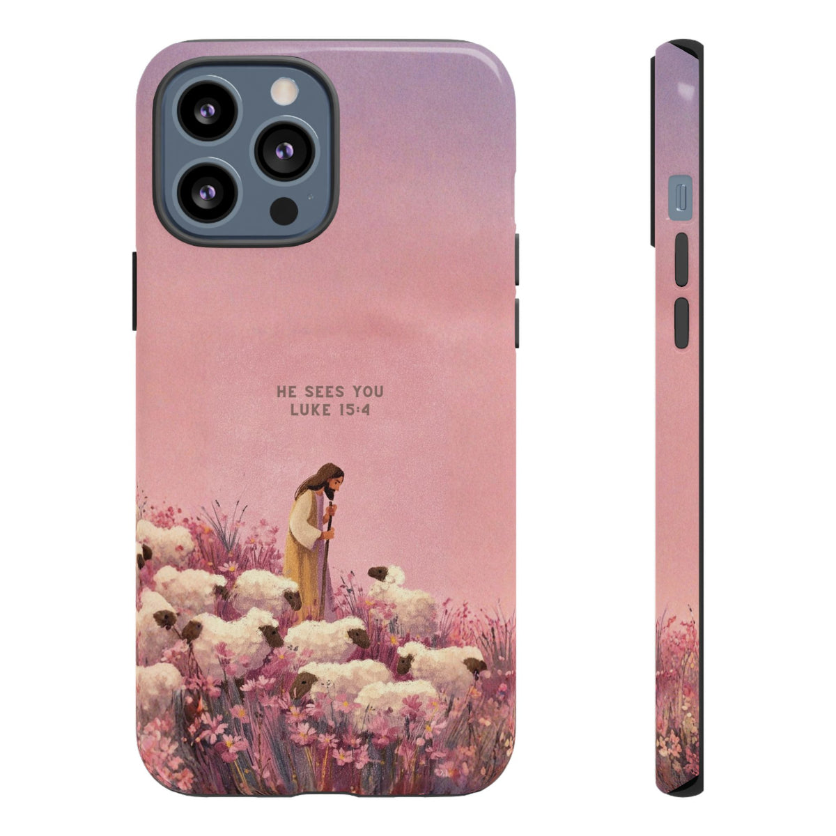 Christelijk telefoonhoesje Hij ziet jou roze mat
