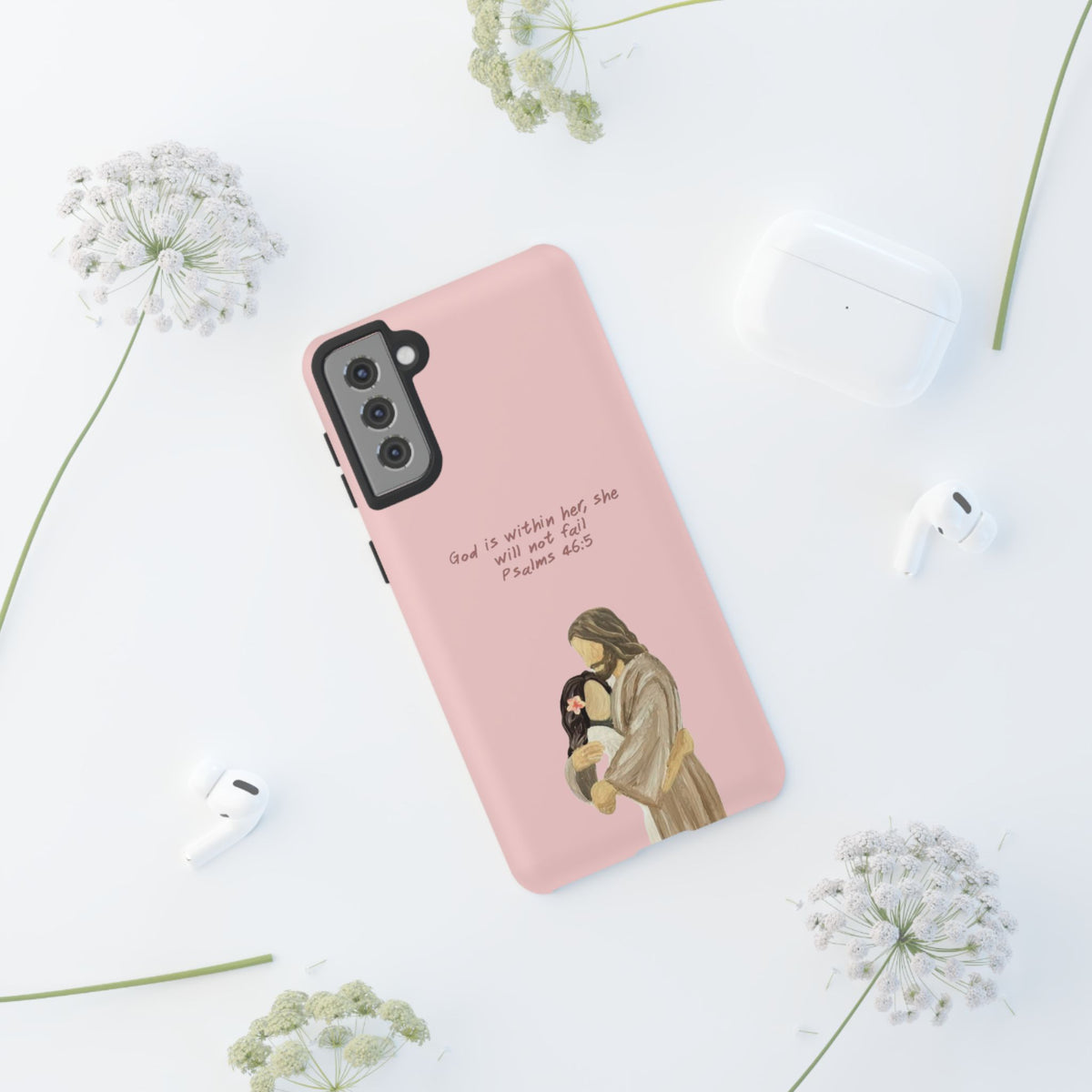 Christelijk telefoonhoesje God is in haar roze mat