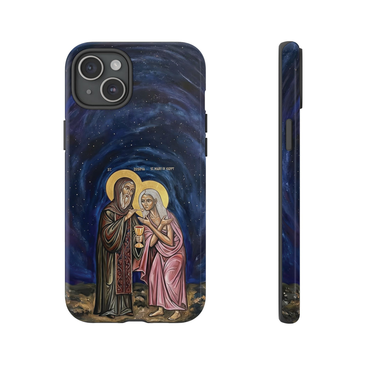 Christelijk telefoonhoesje Maria van Egypte en Sint-Zosimas donkerblauw mat