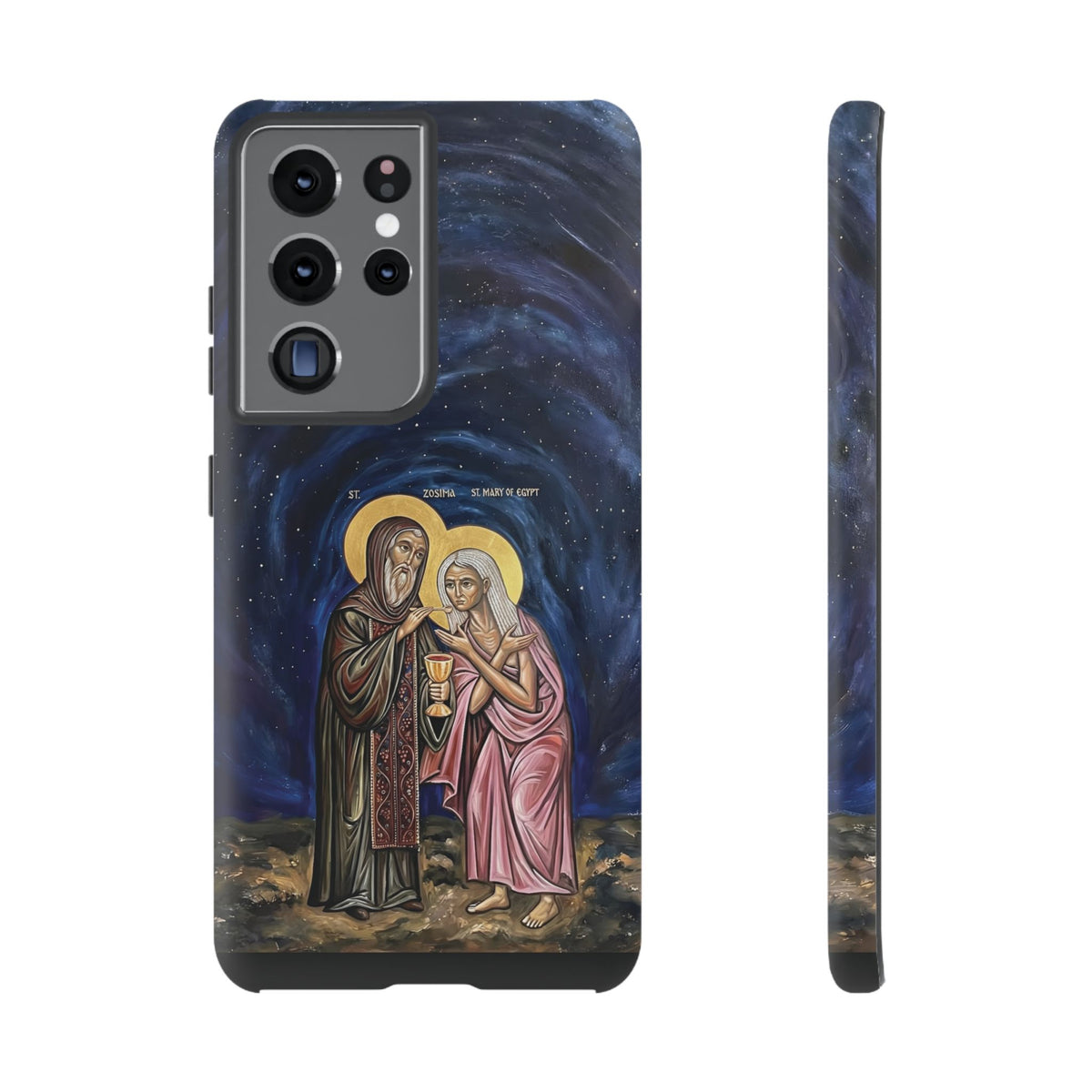 Christelijk telefoonhoesje Maria van Egypte en Sint-Zosimas donkerblauw mat
