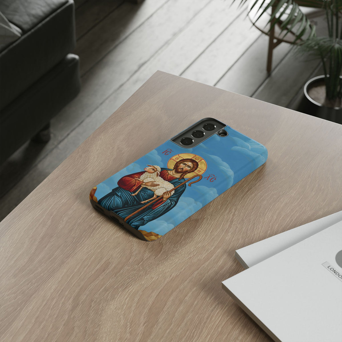 Christelijk telefoonhoesje De Goede Herder blauw mat