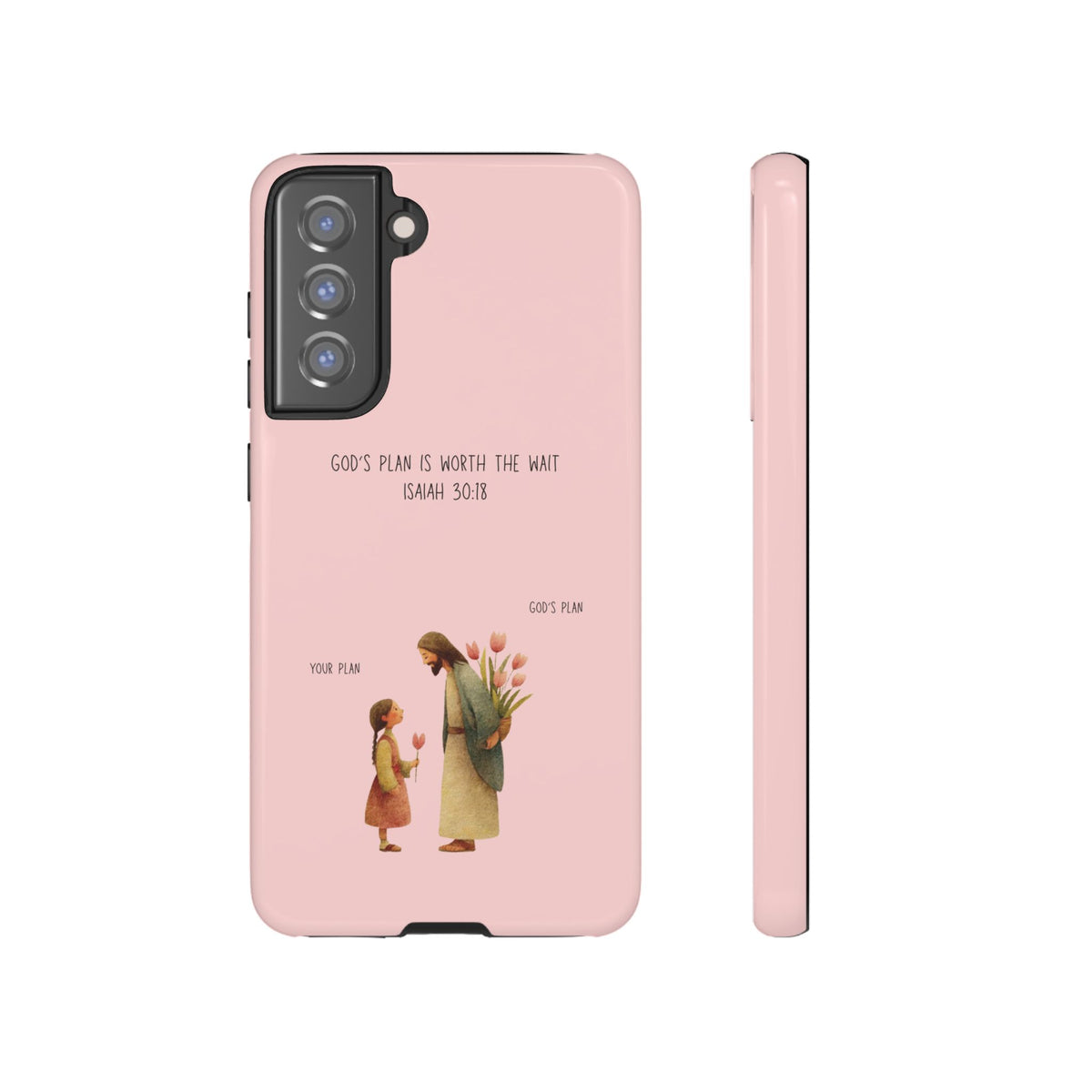 Christelijk telefoonhoesje Gods plan is beter roze mat