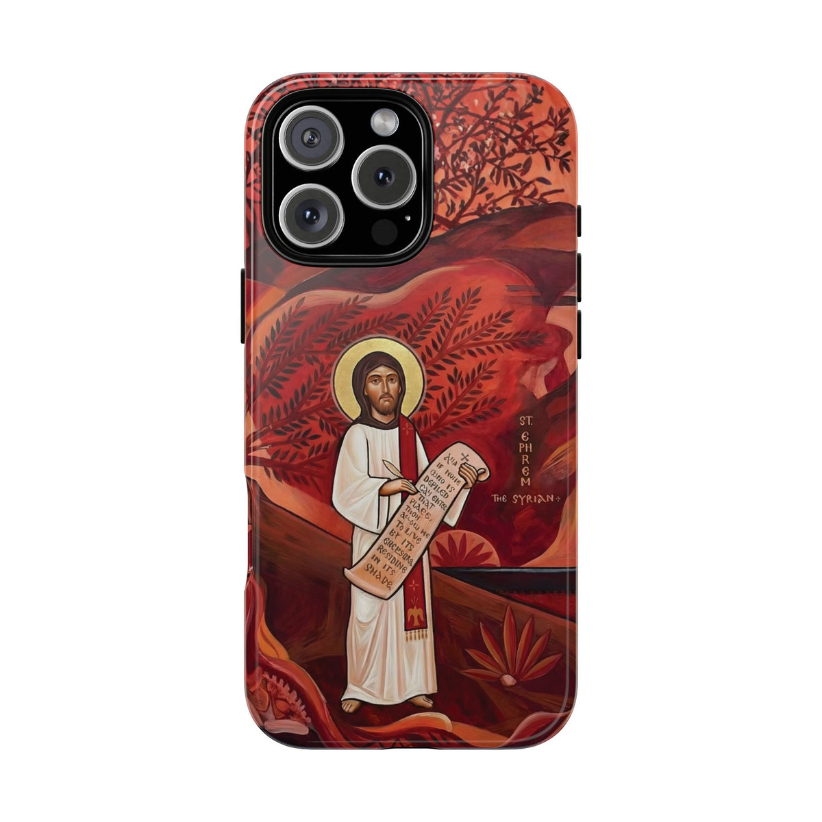 Christelijk telefoonhoesje Sint-Efrem de Syriër rood mat
