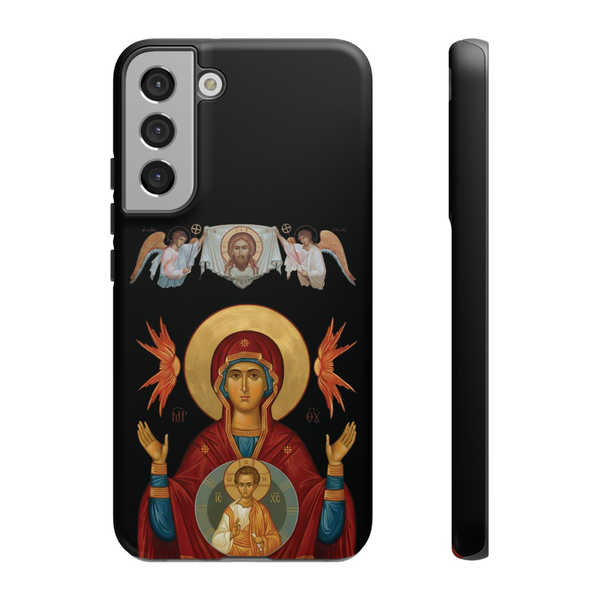 Christelijk telefoonhoesje De Heilige Maagd Maria zwart mat