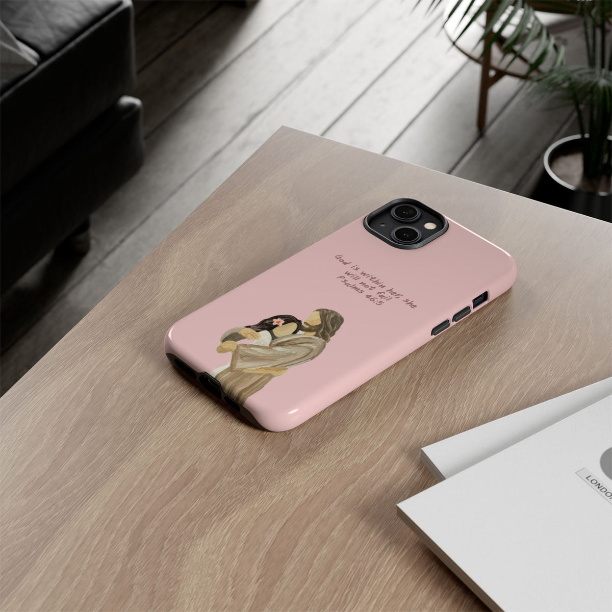 Christelijk telefoonhoesje God is in haar roze mat